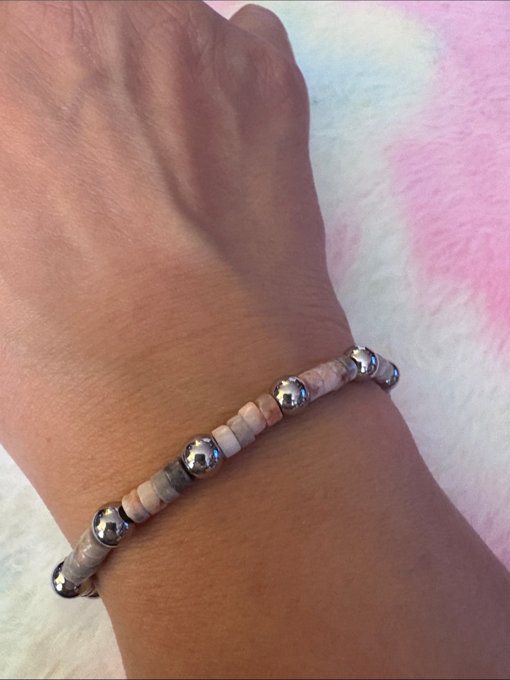 Hand Crafted Pink and Silver Beaded Stretch Bracelet